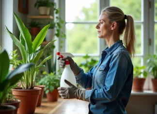 Fongicide populaire : quel est le plus efficace pour vos plantes ? Femme en denim arrosant plante verte dans la serre