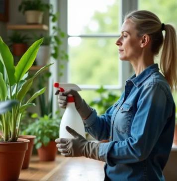 Femme en denim arrosant plante verte dans la serre