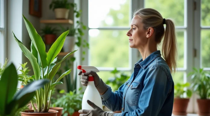 Femme en denim arrosant plante verte dans la serre