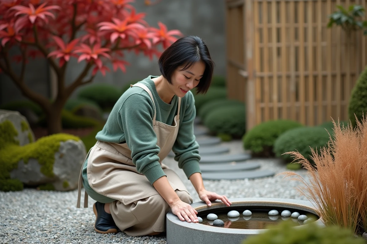 Femme jardinant dans un jardin zen en automne, plaçant des galets autour d'un bassin en pierre entouré d'érables japonais rouges