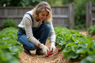 Femme en vêtements de jardinage mulchant autour de fraises saines