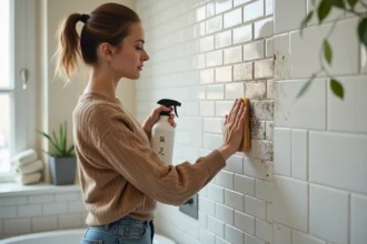 Femme nettoyant la moisissure dans la salle de bain