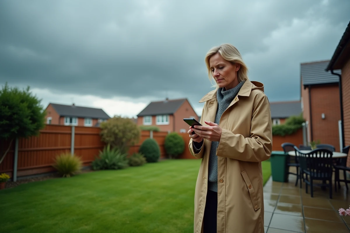 Femme vérifiant la météo sur son téléphone après avoir appliqué un désherbant sélectif sur sa pelouse avant la pluie