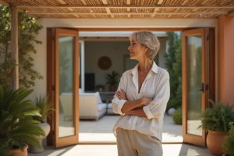Femme en blouse en lin sous pergola en canisse