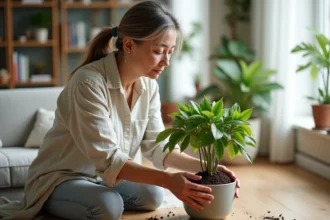 Femme d'âge moyen plantant un ficus dans un pot en céramique