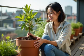 Femme plantant un figuier sur un balcon urbain lumineux