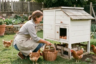 Femme ramassant des œufs dans un poulailler d'agrément dans son jardin en France
