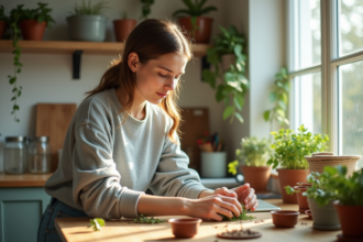 Jeune femme préparant des petites plantes dans une cuisine lumineuse