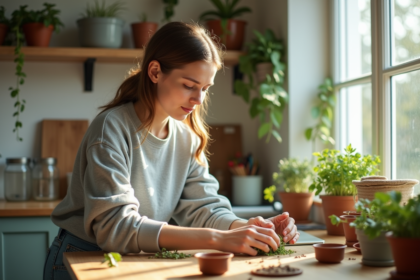 Jeune femme préparant des petites plantes dans une cuisine lumineuse