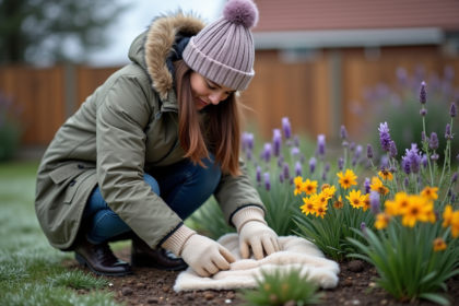 Femme en parka protégeant un jardin en hiver avec fleece