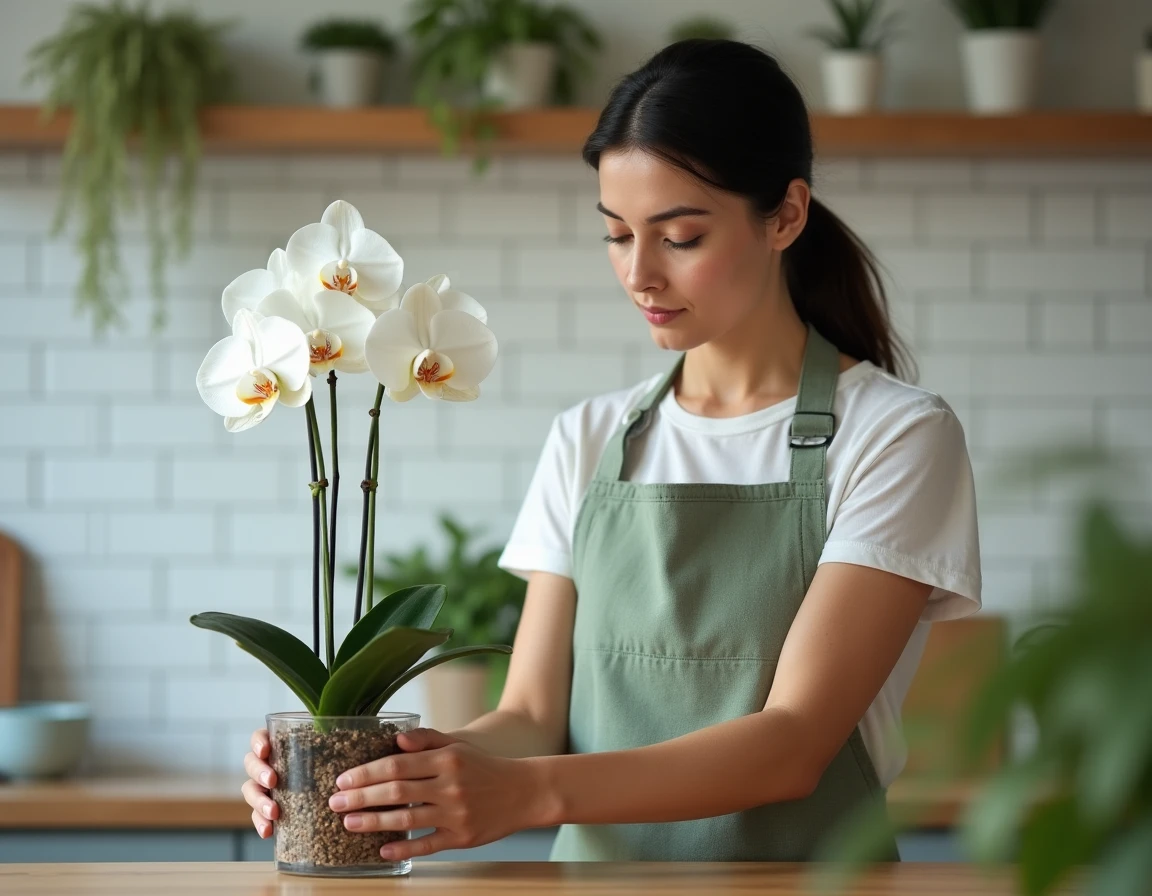Femme rempotant une orchidée Phalaenopsis dans un pot en plastique transparent ajouré sur un plan de travail de cuisine, gros plan sur ses mains et son expression concentrée