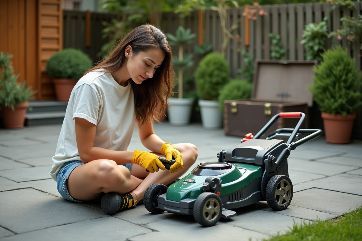 Jeune femme inspecte une batterie de tondeuse dans le jardin