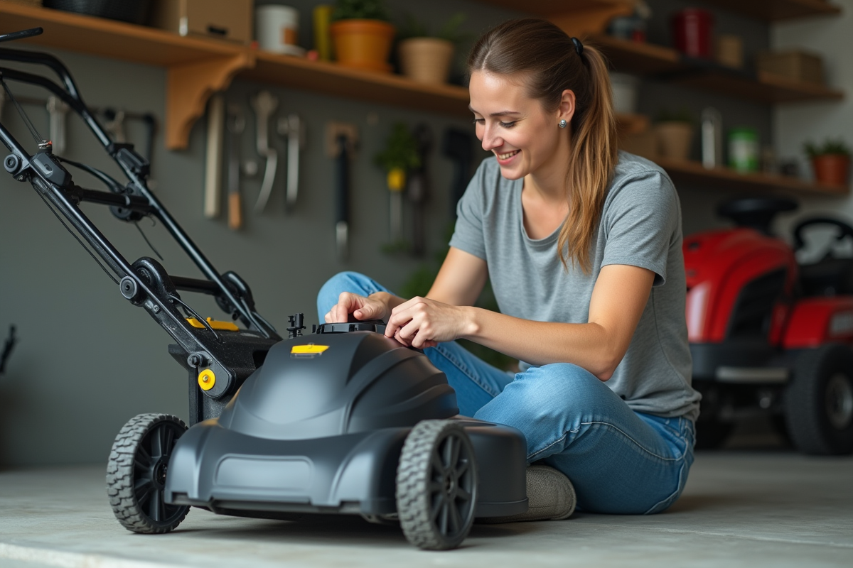 Femme ajuste une tondeuse électrique dans un garage propre