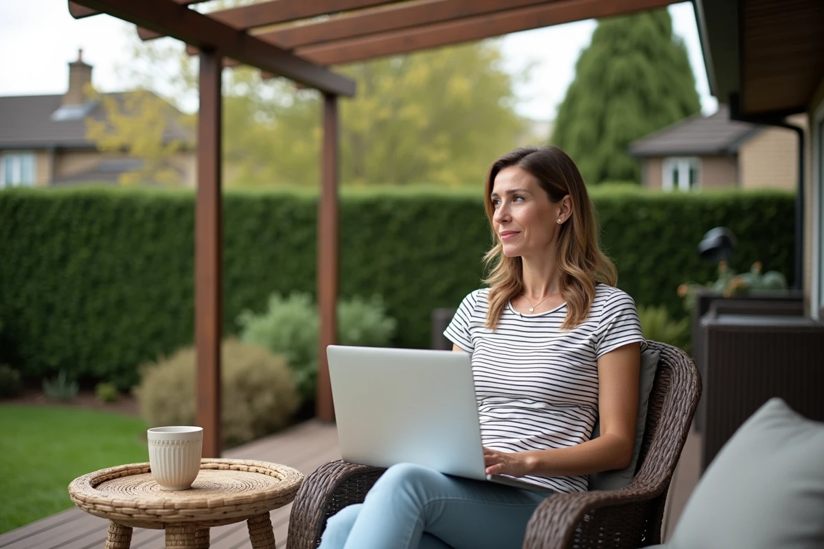 Femme installée sous une pergola 5x4 sur une terrasse en bois, illustrant le confort et la durabilité d'une pergola de qualité au quotidien