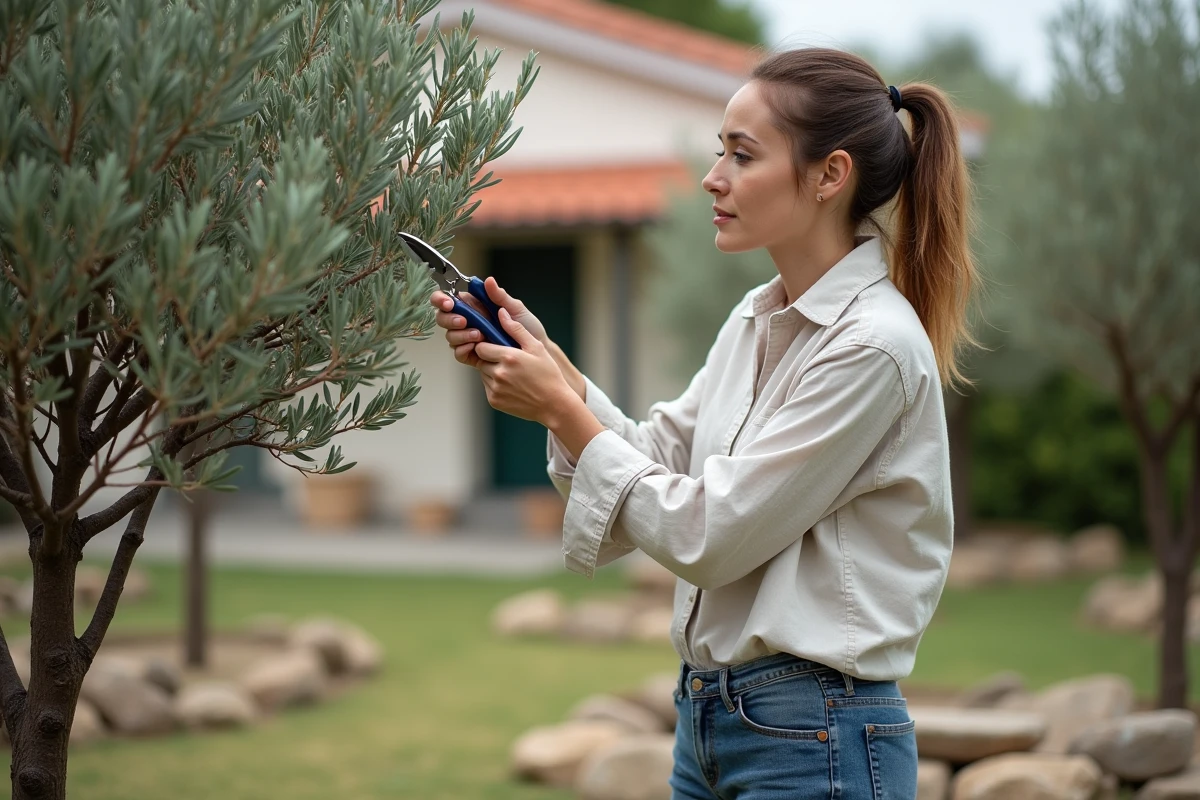 Femme taillant un jeune olivier dans un jardin paisible