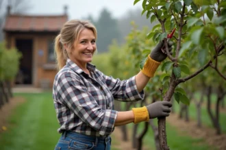 Femme taillant un pêcher dans un vignoble au printemps