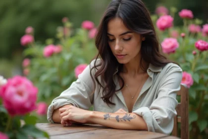 Femme avec tatouage peonie dans un jardin fleuri