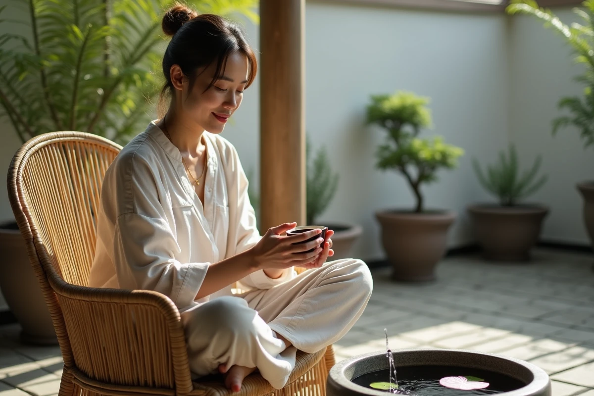 Femme détendue assise près d'une fontaine bambou sur une terrasse couverte avec bassin zen et bonsaïs