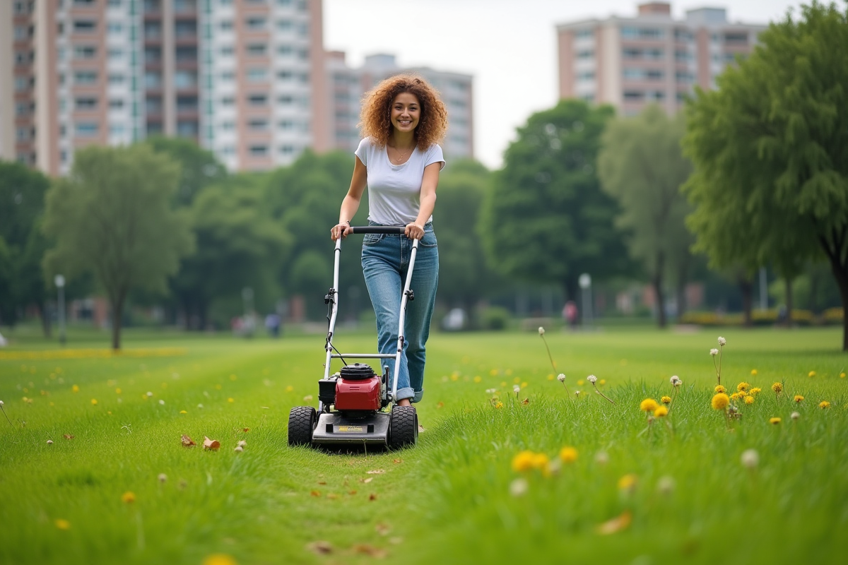 Jeune femme tondant la pelouse avec une tondeuse manuelle dans un parc urbain