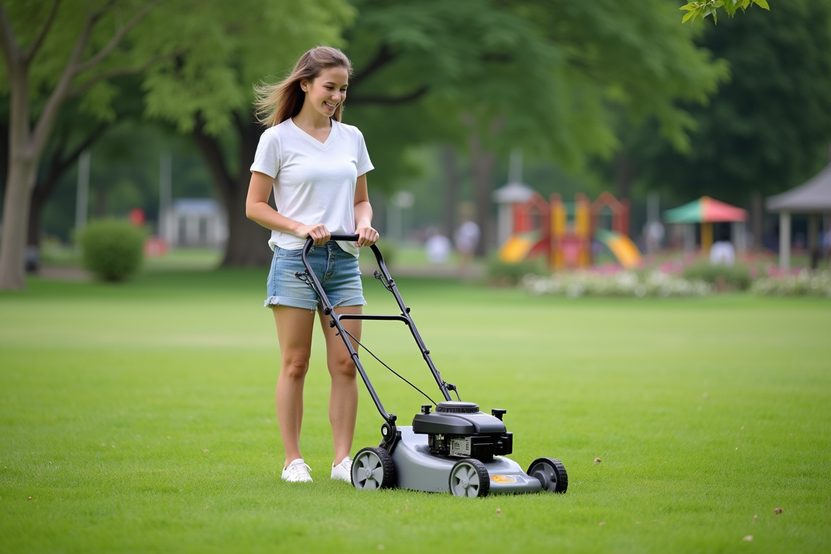 Femme regardant lherbe avec une tondeuse dans un parc