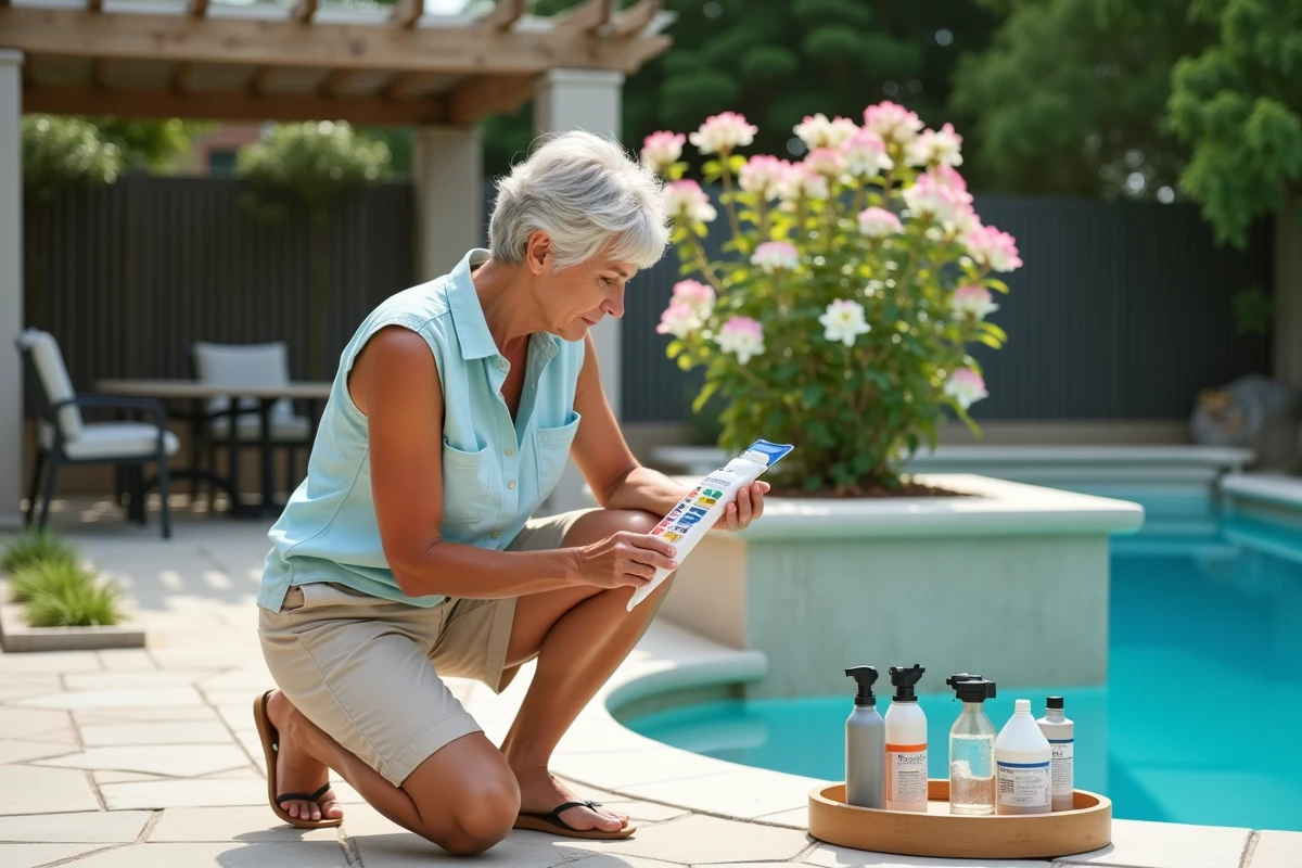 Femme lisant l'étiquette d'un traitement piscine compatible avec un laurier rose en arrière-plan au bord de la piscine