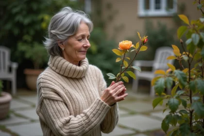 Femme en pull laineux inspectant un laurier rose en jardin
