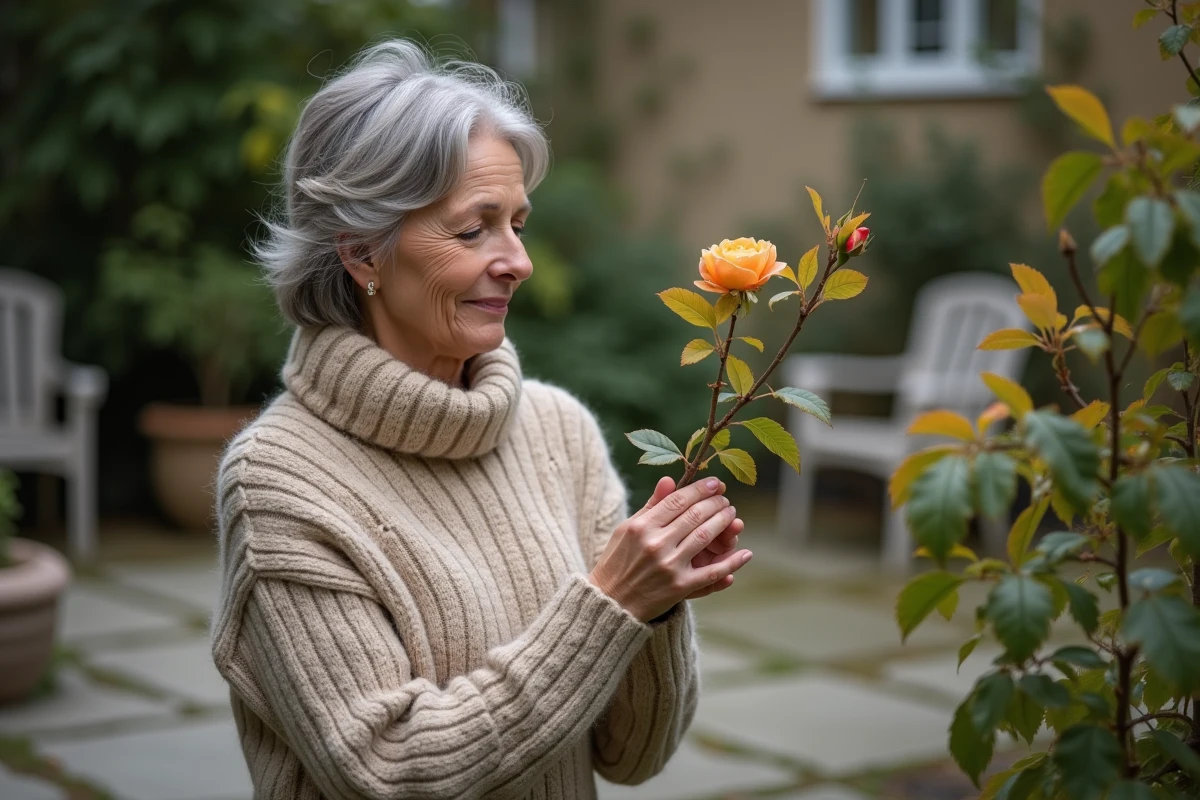 Femme en pull laineux inspectant un laurier rose en jardin
