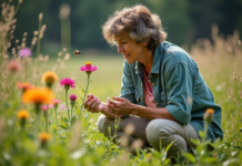 Meilleure couleur de fleur pour attirer les pollinisateurs : étude scientifique Botaniste femme observant des fleurs sauvages colorées