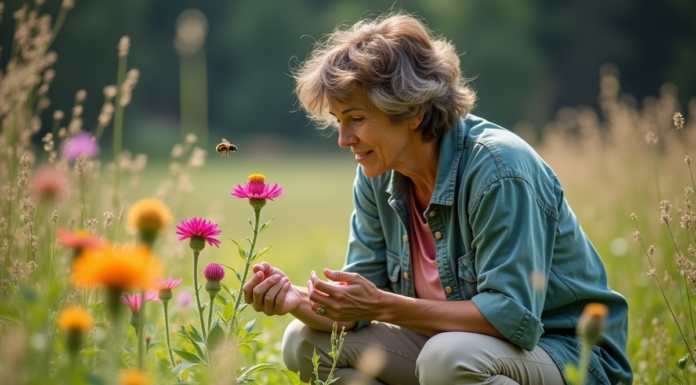 Botaniste femme observant des fleurs sauvages colorées