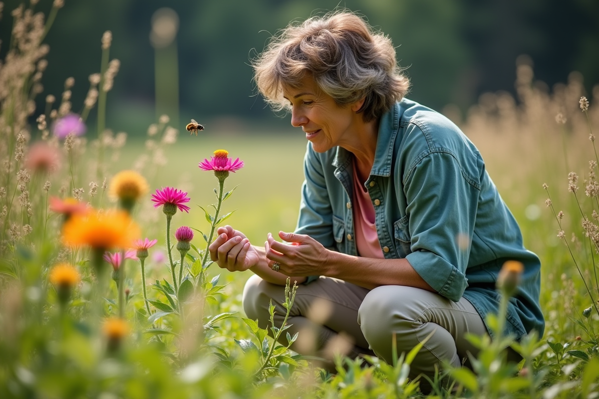 Botaniste femme observant des fleurs sauvages colorées