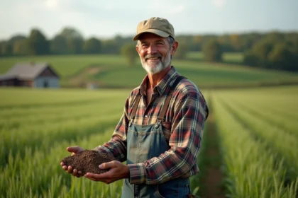 Fermeur dans un champ de blé tenant du sol riche