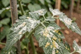 Feuille de tomate blanchissante avec résidu de traitement au cuivre en gros plan dans un potager