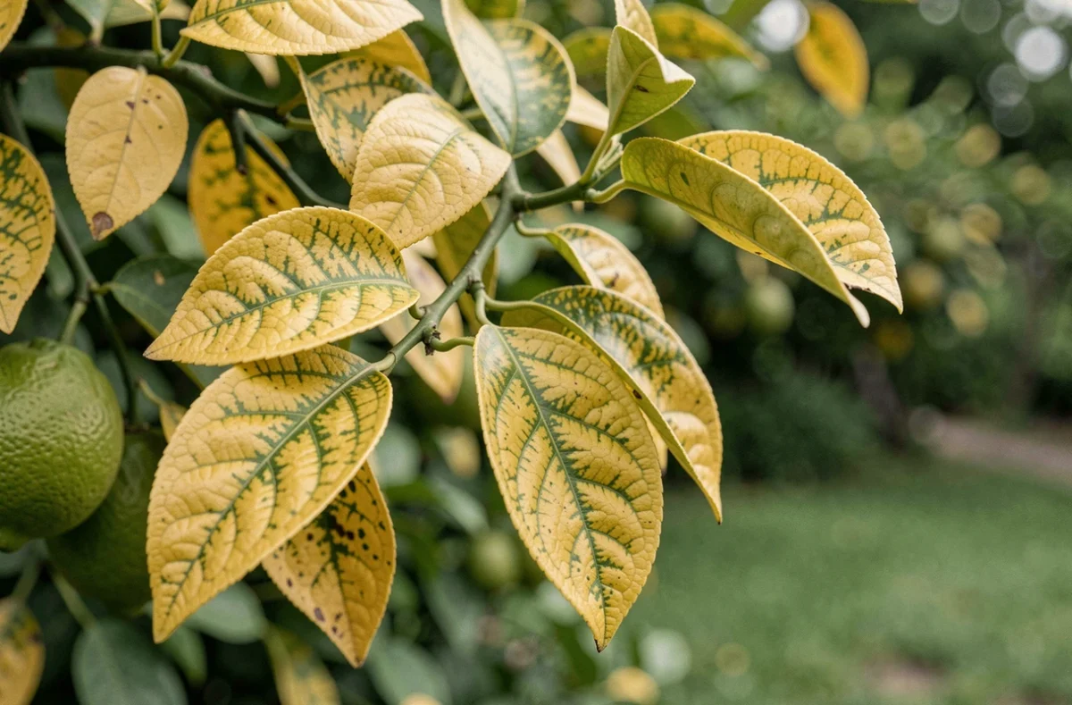 Gros plan sur les feuilles jaunissantes d'un citronnier avec carences visibles et petits citrons verts