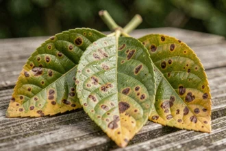 Feuilles de citronnier bio présentant des taches marron caractéristiques d'une maladie fongique sur table en bois de jardin