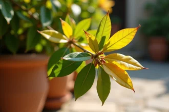 Feuilles jaunes sur un laurier rose en pot dans un jardin méditerranéen, signe d'erreurs d'arrosage