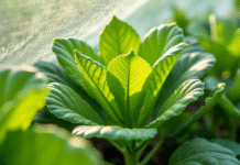 Feuilles vertes dans un jardin protégé par un filet avec des pucerons