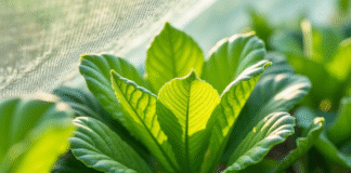 Feuilles vertes dans un jardin protégé par un filet avec des pucerons