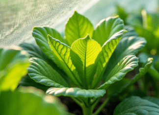 Feuilles vertes dans un jardin protégé par un filet avec des pucerons