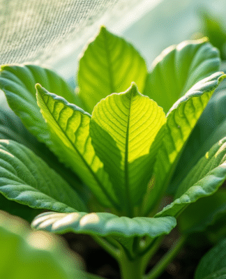 Feuilles vertes dans un jardin protégé par un filet avec des pucerons