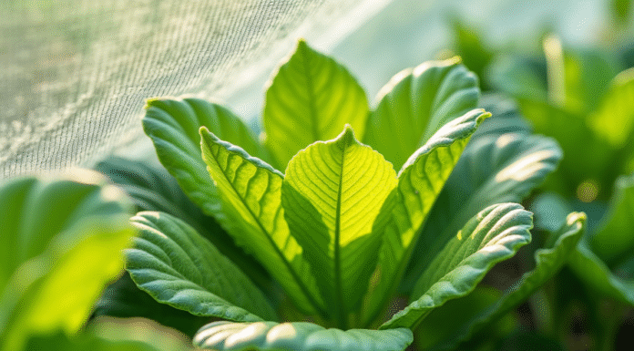 Feuilles vertes dans un jardin protégé par un filet avec des pucerons