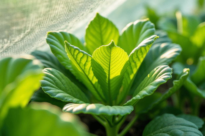 feuilles-vegetal-protege-aphids Feuilles vertes dans un jardin protégé par un filet avec des pucerons