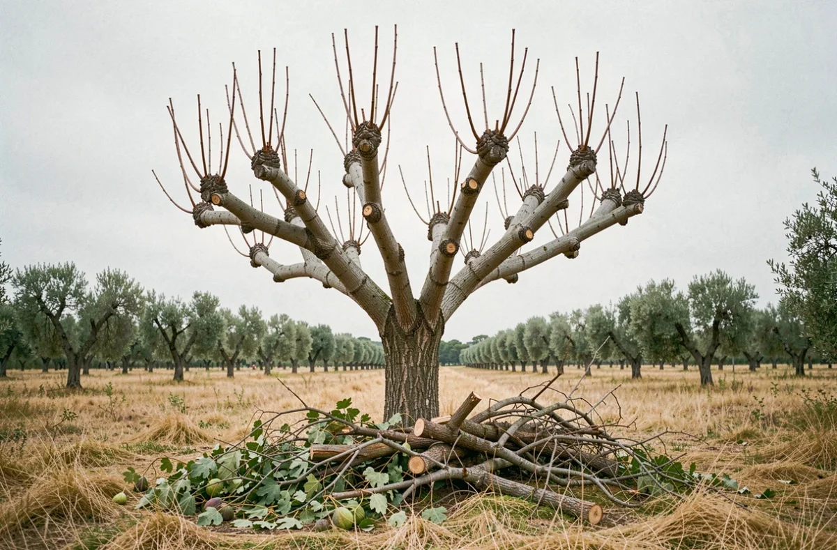 Figuier fraîchement élagué dans un verger rural avec branches taillées au sol montrant un travail professionnel