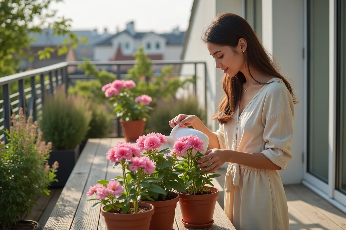 Jeune femme arrosant des lisianthus sur un balcon urbain