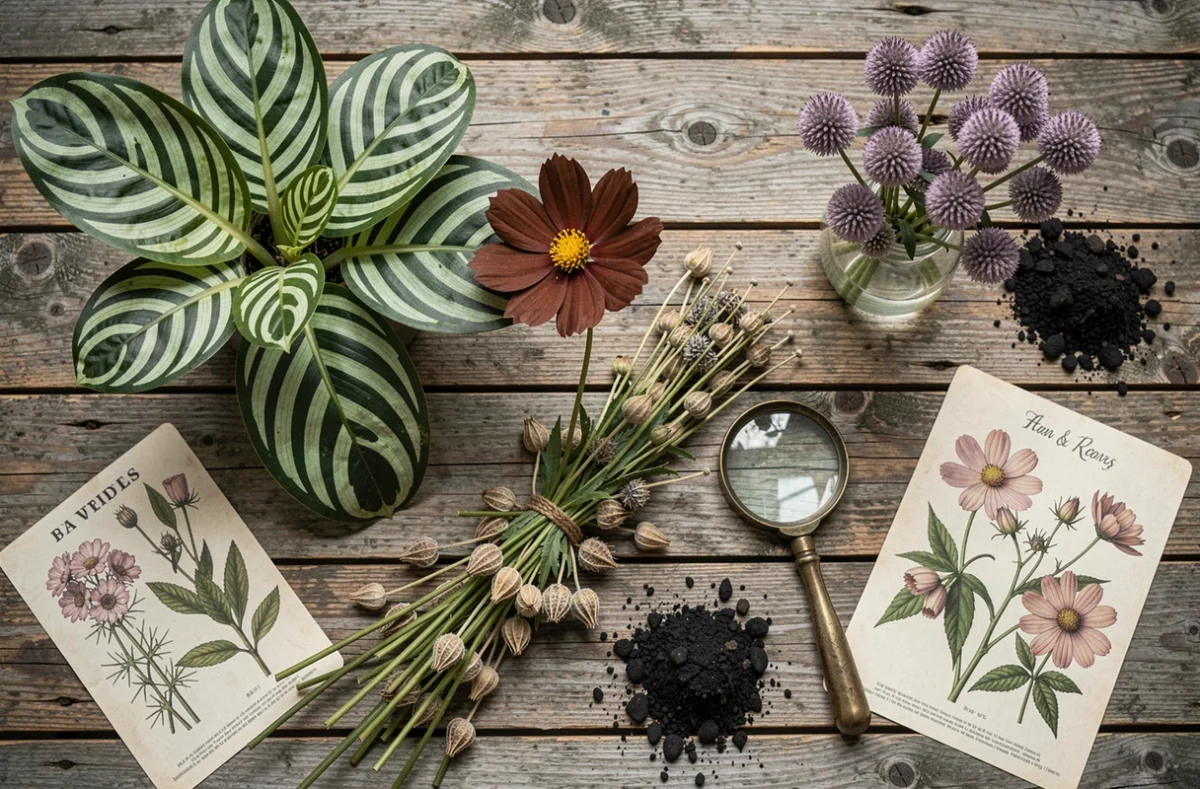 Flat lay en extérieur de plantes et fleurs rares dont Calathea, Cosmos Atrosanguineus et Scabiosa stellata sur bois brut avec accessoires botaniques
