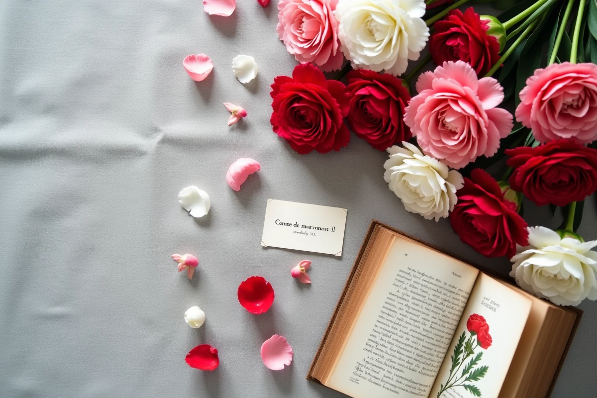 Vue de dessus d'un arrangement à plat d'œillets frais en blanc, rouge et bicolore avec un livre botanique vintage et une note manuscrite sur la symbolique des fleurs