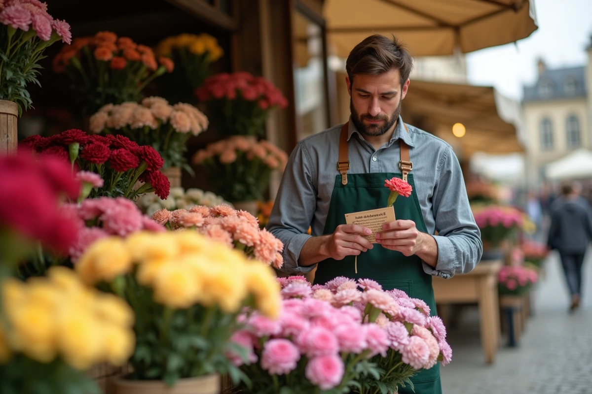 Fleuriste masculin tenant un œillet rose dans un marché aux fleurs en plein air avec un étalage coloré d'œillets variés