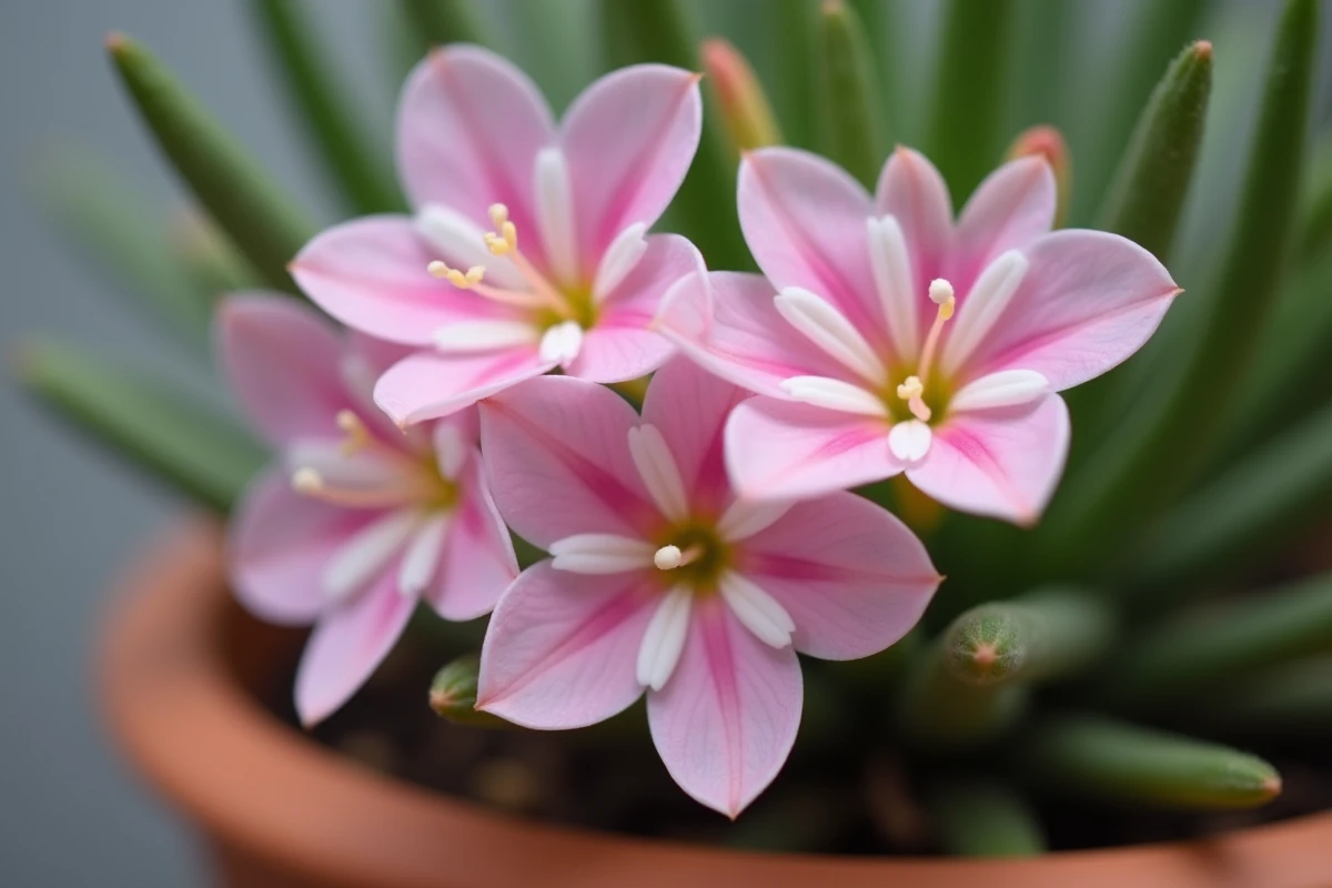 Gros plan sur les fleurs cireuses roses du Chamelaucium uncinatum en pot, détail botanique précis