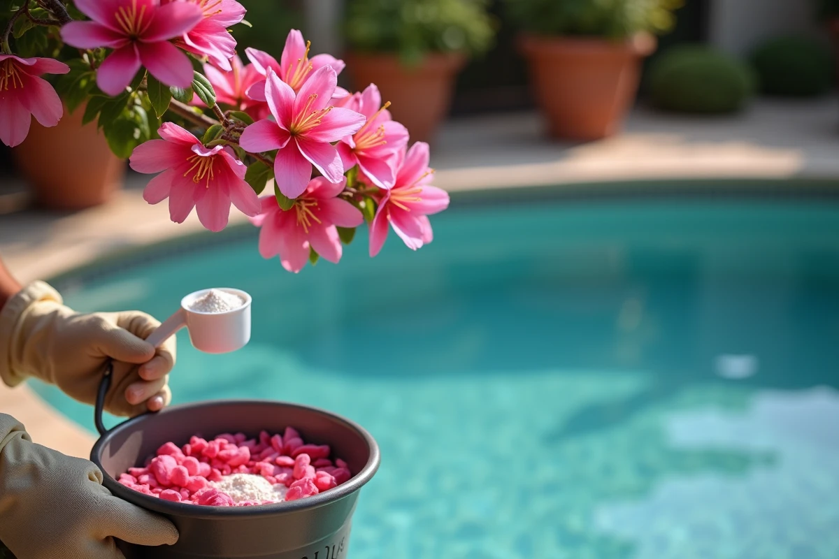 Gros plan sur des fleurs de laurier rose tombant dans le panier du skimmer d'une piscine avec produit de traitement au chlore