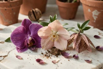 Gros plan de fleurs rares dont une orchidée Vanda violette, un Hellébore rose pâle et une Fritillaire pintade sur marbre blanc dans un atelier botanique