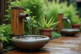 Fontaine en bambou traditionnelle sur une terrasse en bois entourée de plantes vertes et galets de rivière